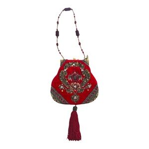 Mary Frances Red Velvet Beaded Purse & Handle With Tassel